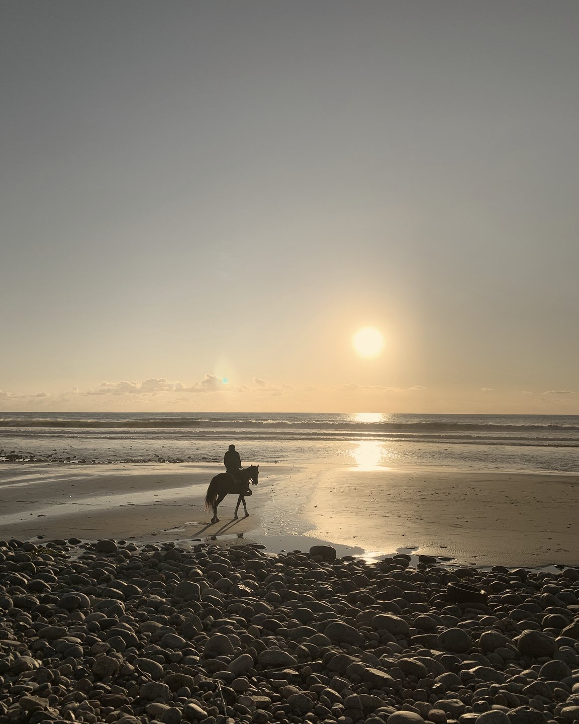 A lone rider on horseback crosses a wet beach at sunset, with smooth stones in the foreground.